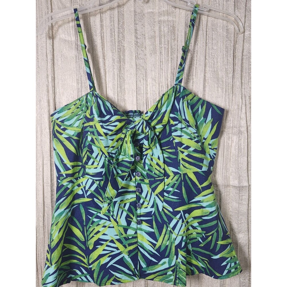 Sofia Vergara Tropical Palm Print Tie Front Peplum Camisole Top Small Green